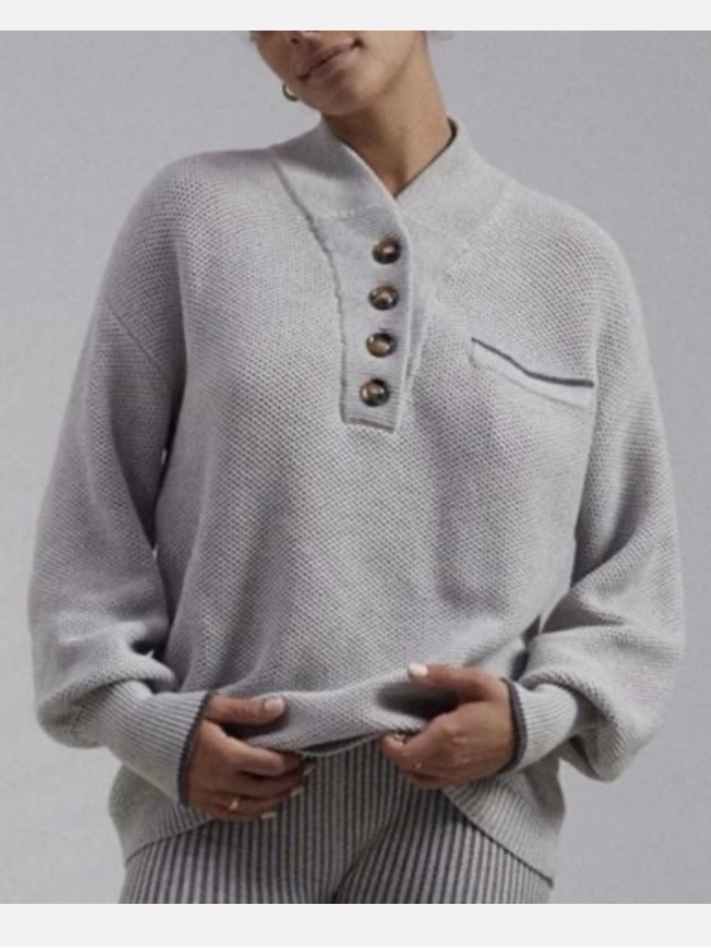 lunya Light Gray Button-Henley Turtleneck Sweater